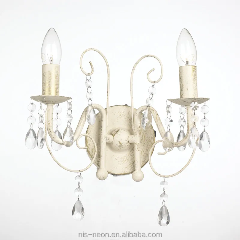 2 Lights Pair Of Traditional Ornate Vintage Style Distressed White Jewel Twin Arm Chandelier Wall Lights NS-123035