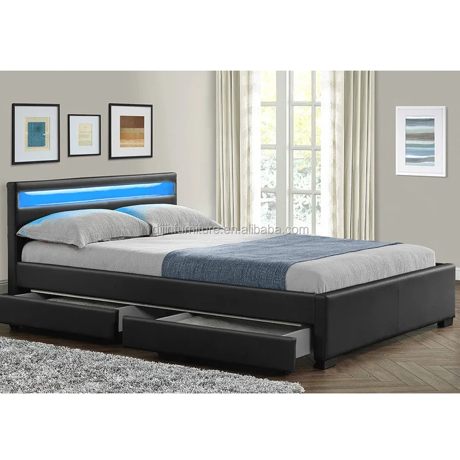 Double King Size Bed Frame With 4 Drawers Storage Led Headboard Frames Slat Leather Double King Size Bed Frame With 4 Drawers Storage Led Headboard Frames Slat Leather
