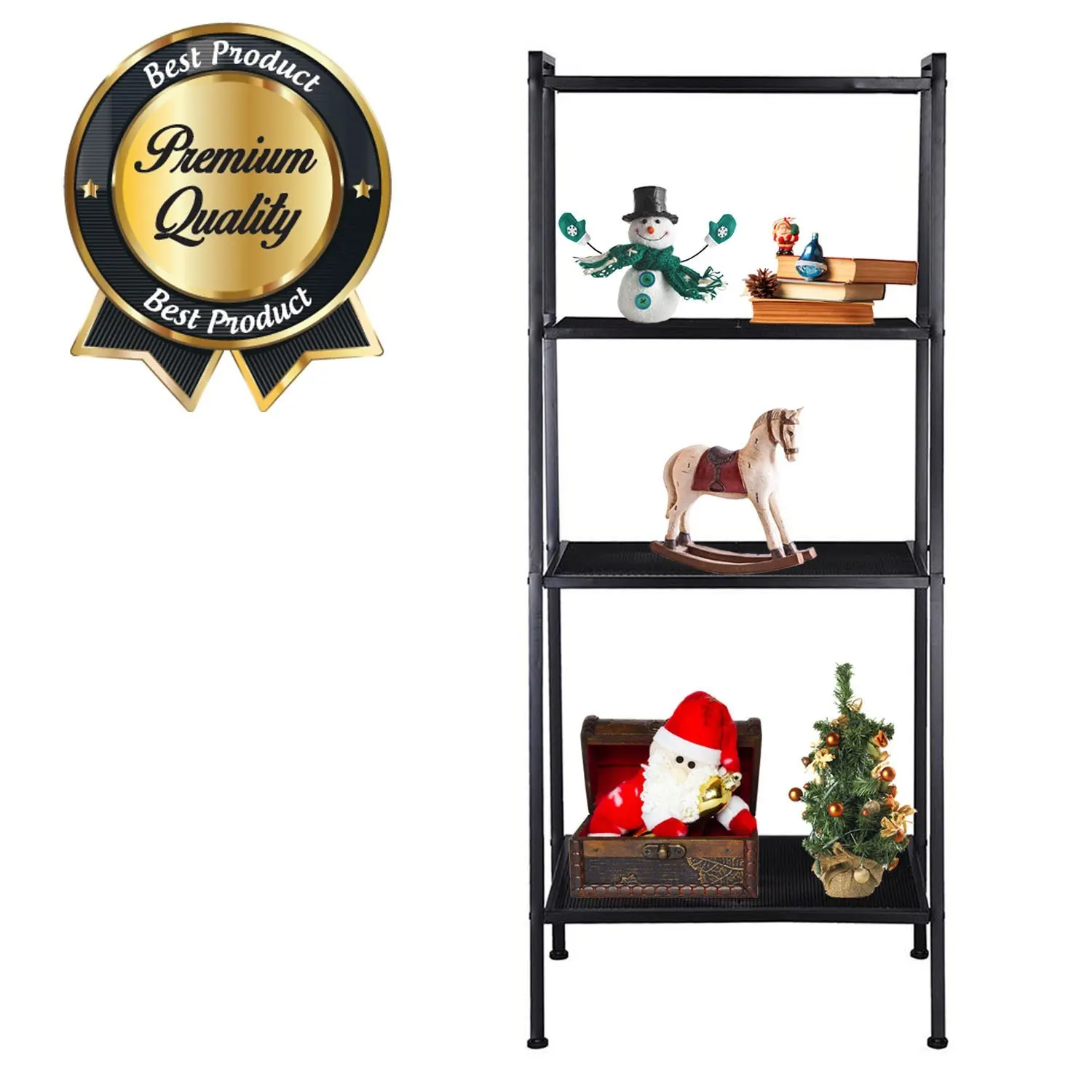 KOVAL INC. 4-Tier Metal Ladder Bookshelf Wire Shelving Kitchen Storage (Black, 23-3/5 L x 14" W x 58" H)
