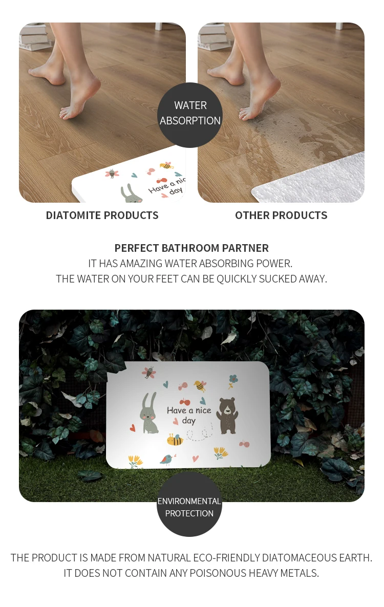 Absorbent anti slip custom pattern diatomite bath mat