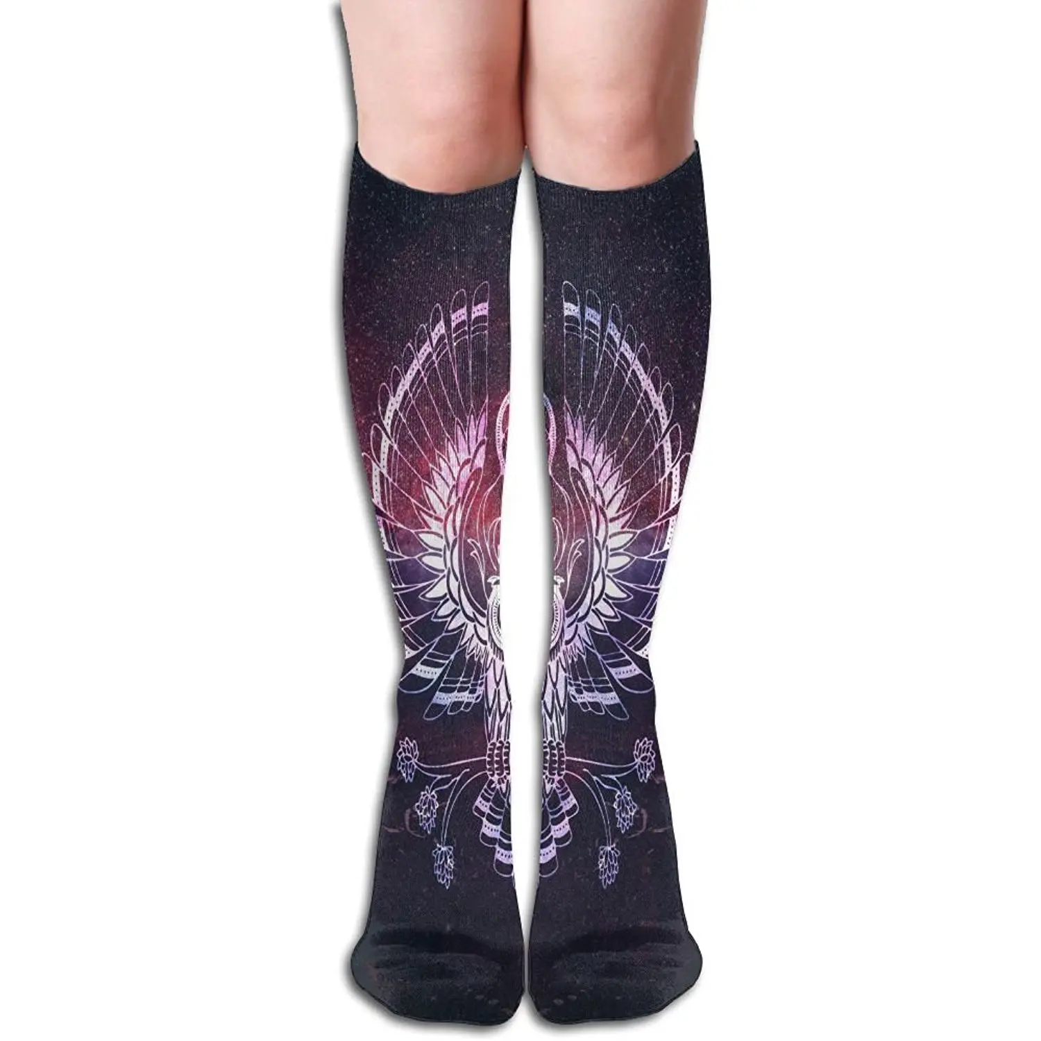 Unisex Fantasy Owl In Space Design Elastic Long Socks Compression Knee High Socks (50cm) For Sports, Running, Travel