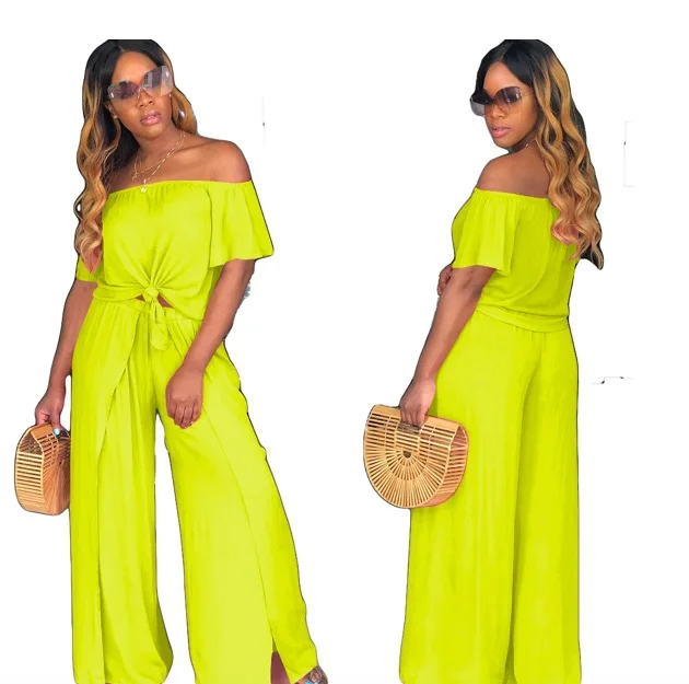 2019 Summer Women Off Shoulder Crop Top Wide Leg Pants Fashion Romper Jumpsuit Two Piece Set