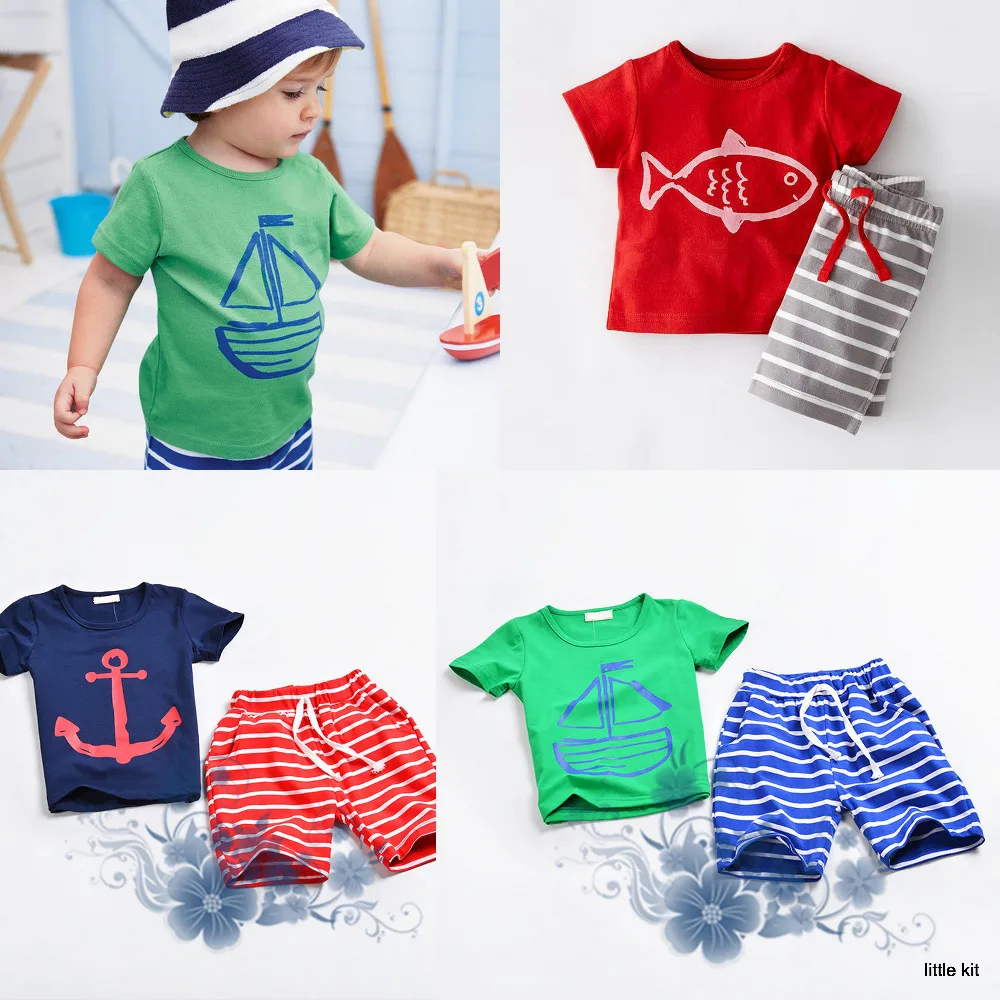 2016 summer baby boys Sailing Fish Arrch T shirts Striped Pants Suits clothing Sets kids Unisex