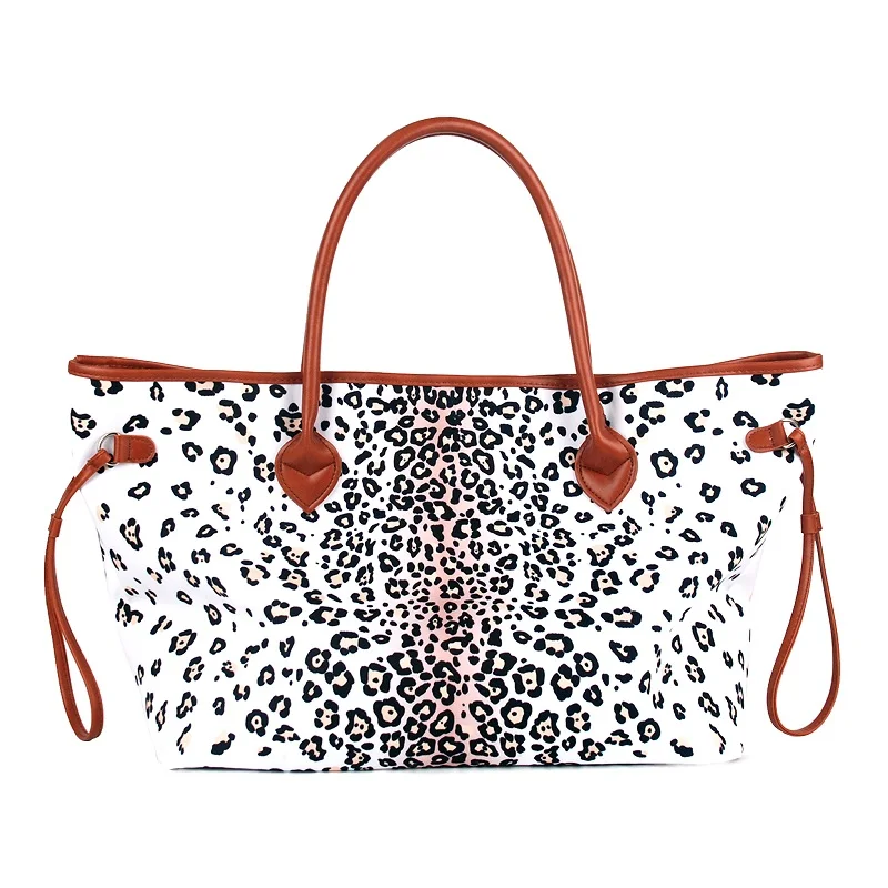 White Leopard Women Casual Canvas Handbag Leopard Print Canvas Purse