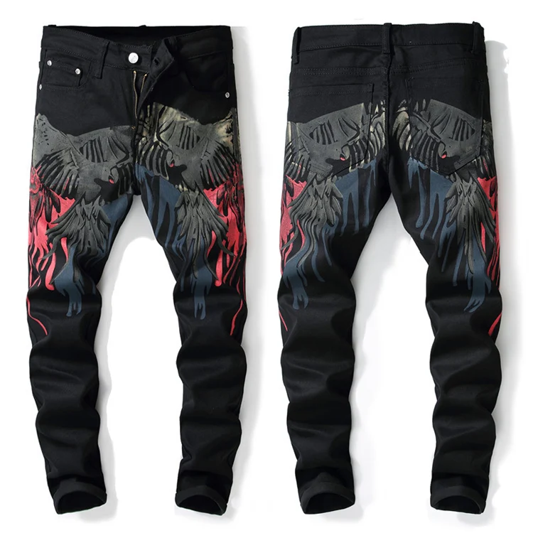 In-stock Red And Black Print Fashion Biker Denim Jeans For Mens 2019 ...