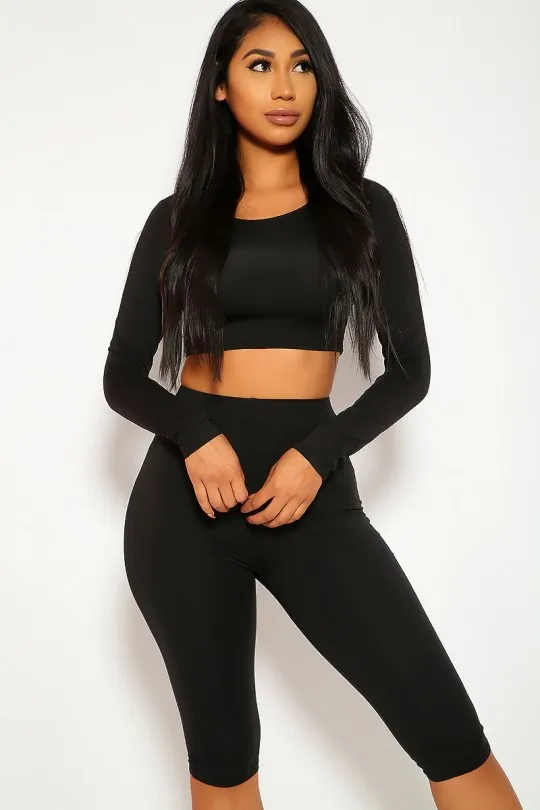 W3001a Spandex Long Sleeve Crop Top Fitness Set 2019 Two Piece