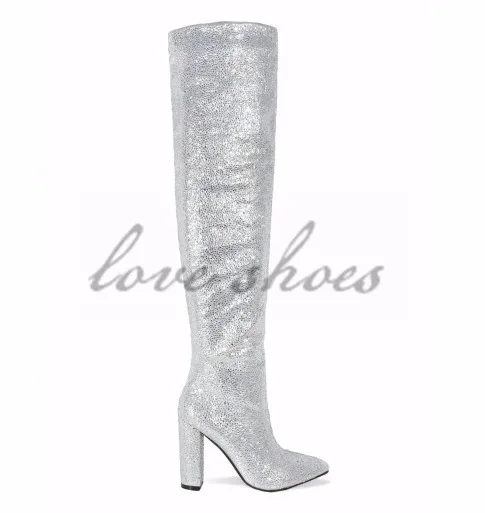 silver block heel boots