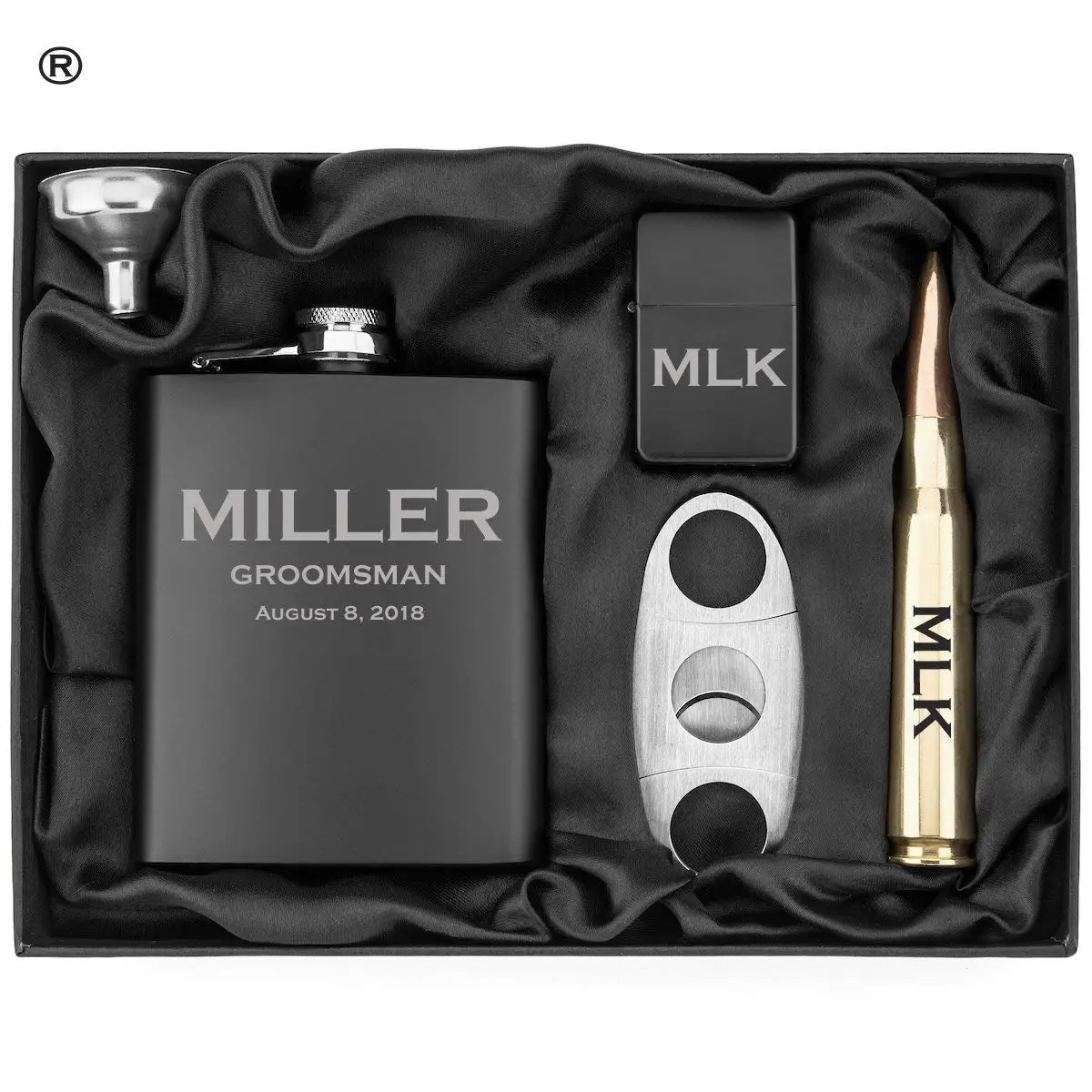 Engraved Hip Flask, Funnel, Lighter, Cigar Cutter and Brass 50 Caliber Bullet Bottle Opener Matte Black Gift Box 50 Cal Custom Personalized