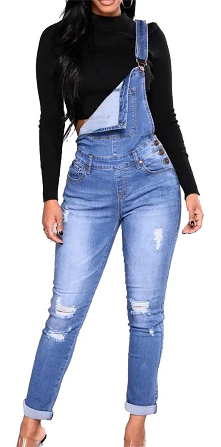 Spirio Womens Stylish Overalls Hole Denim Stretchy Jeans Long Rompers