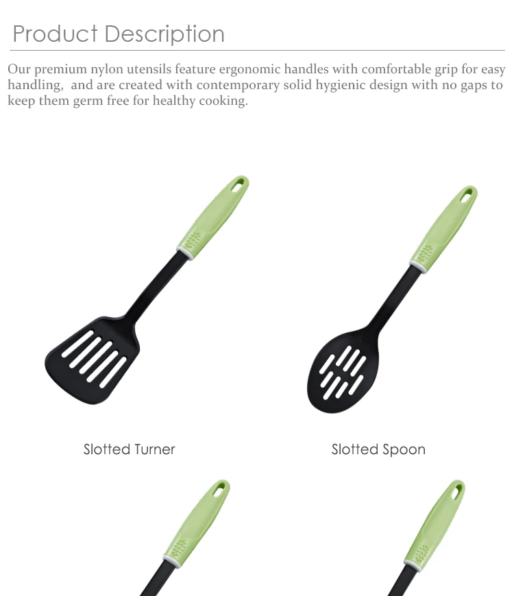 2019 Customized Private Label Kitchen Gadget Items Emerald Green Nylon Kitchen Cooking Utensils Tools