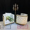 Gold stainless steel frame U shaped white fabric drawing room sofas with various carving pattern