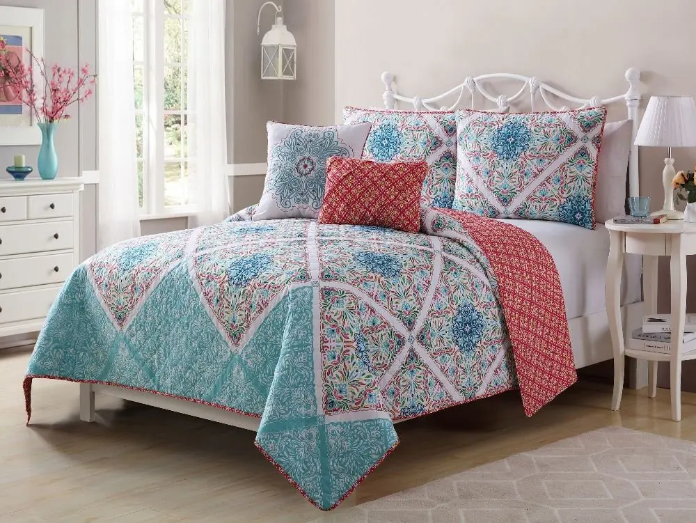 Buy 4 Piece Girls Blue Floral Quilt Twin Xl Set Pretty All Over Diamond Patchwork Flower Bedding Chic Soft Patch Work Medallion Mandala Motif Damask Flowers Themed Pastel Off White Red Yellow