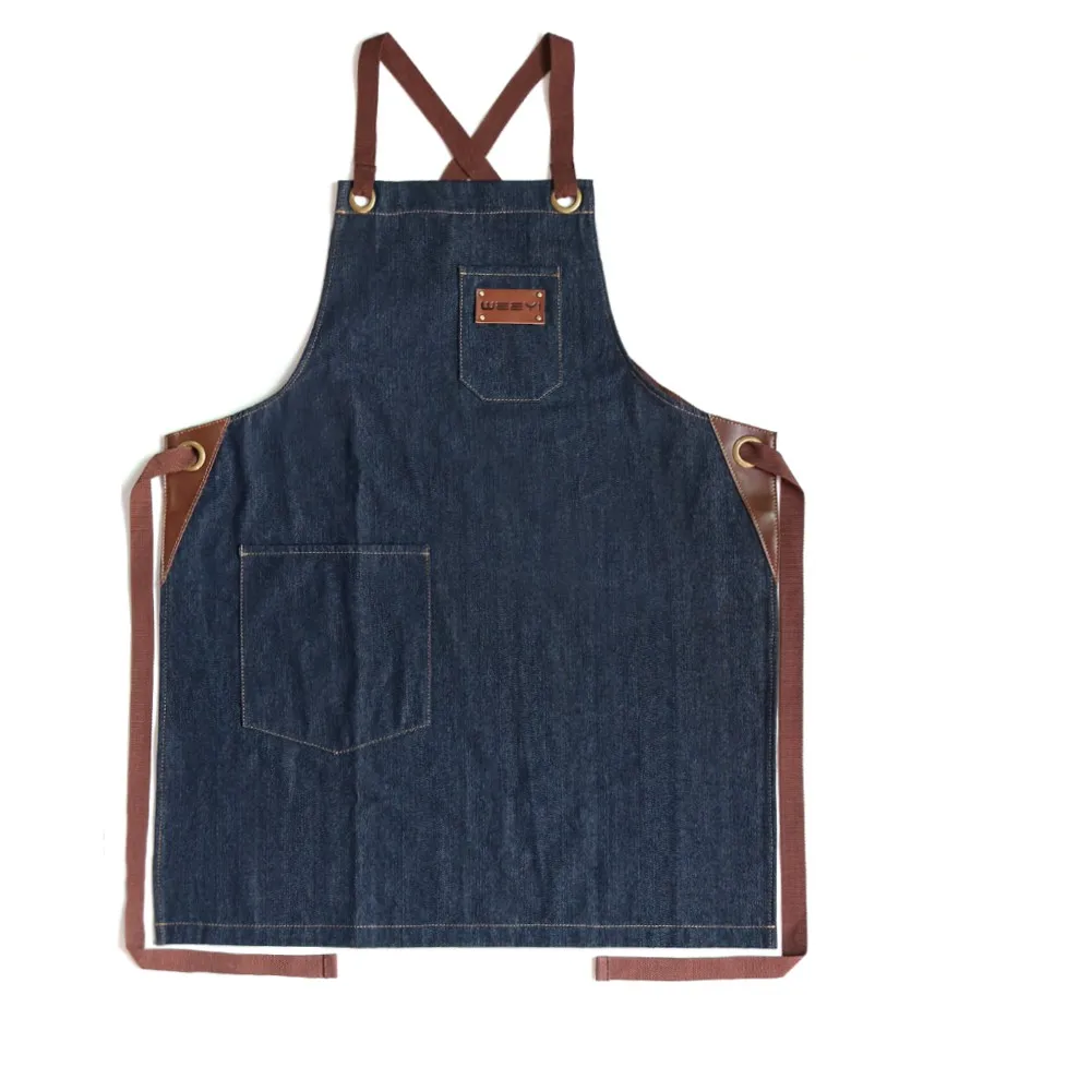 Custom Blue Adjustable Bib Kitchen Cooking Chef Denim Leather Apron ...