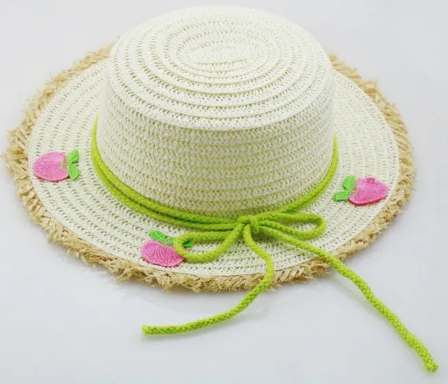 Children Flat Top Boat Straw Hat With Fruits Apple Strawberry