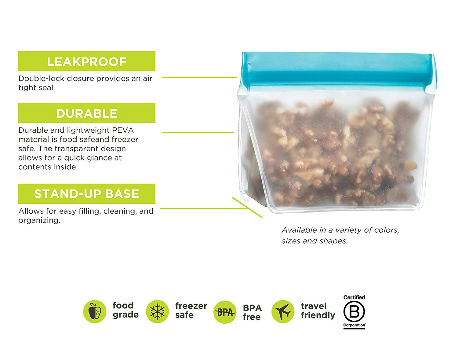 Biodegradable Reusable Leakproof Peva Sandwich Snack Storage Bag With