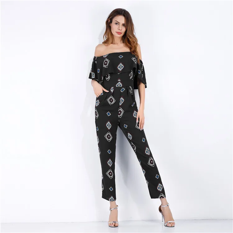 Factory Design Summer Fall Casual Off Shoulder Pant Trouser Floral Print Bell Bottom Chiffon Ladies Jumpsuit Women 2018