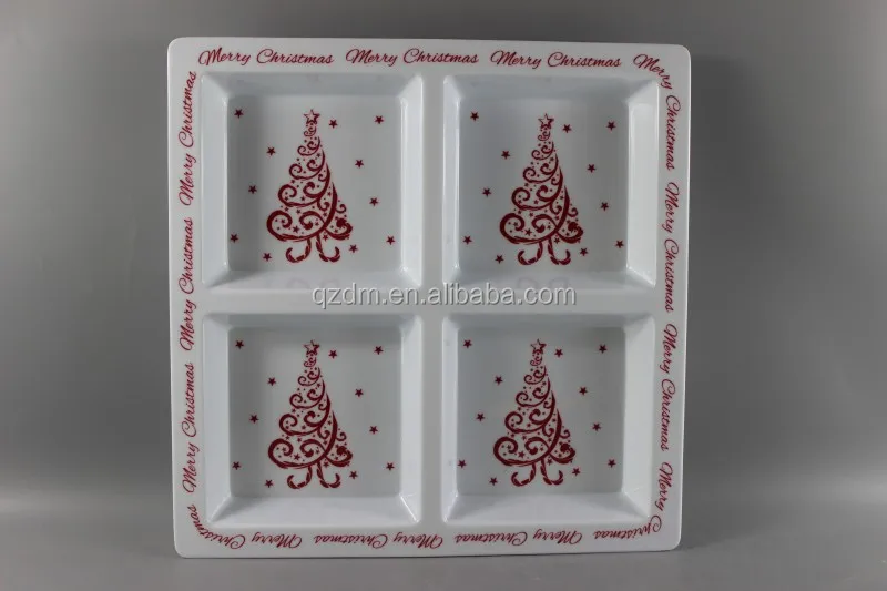 12" Square Melamine 4 Divided Plate Christmas Snack Dish