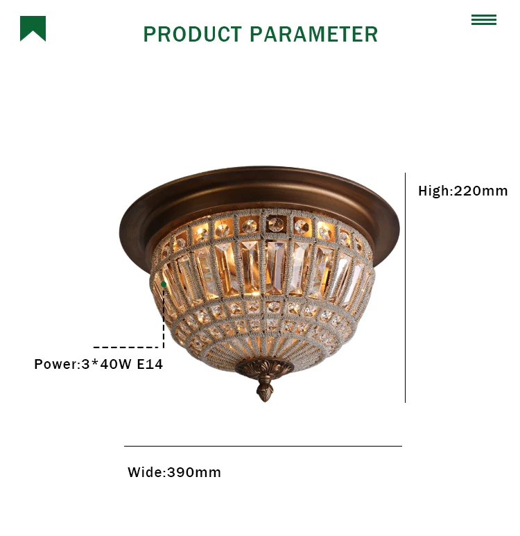 European luxury  golden crystal round iron art restaurant porch ceiling  lamp