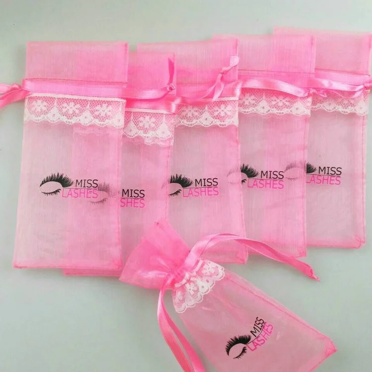 Custom Organza Fabric Cosmetic Lashes Pink Bag With White Lace Buy