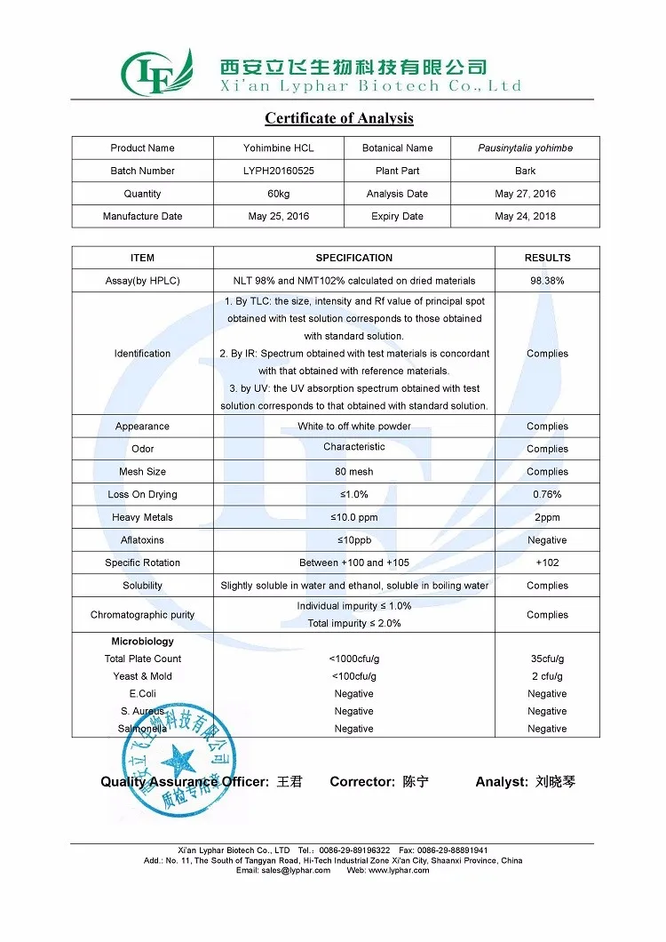 Yohimbine Extract 98% Yohimbine HCL Powder