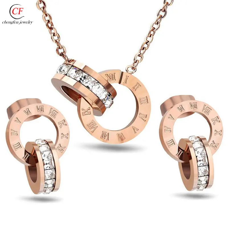 Factory China Factory 316l Stainless Steel Jewelry Rose Gold Circle Jewelry Set Cubic Zirconia 1060