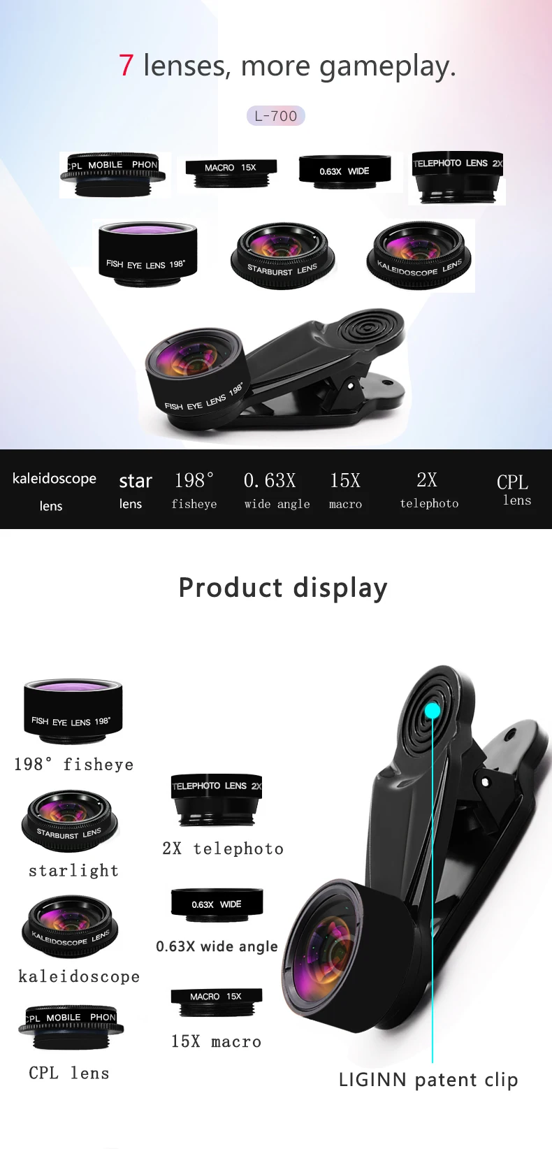 LIGINN 7 in 1 camera lens kit Wide Angle Fisheye Macro Telephoto CPL kaleidoscope starlight cell phone camera lens