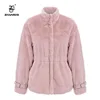 2019 New Furry Faux Fur Coat Women Elastic High Waist Patch Leather Stand Collar Jacket Casual Outerwear Winter Coat