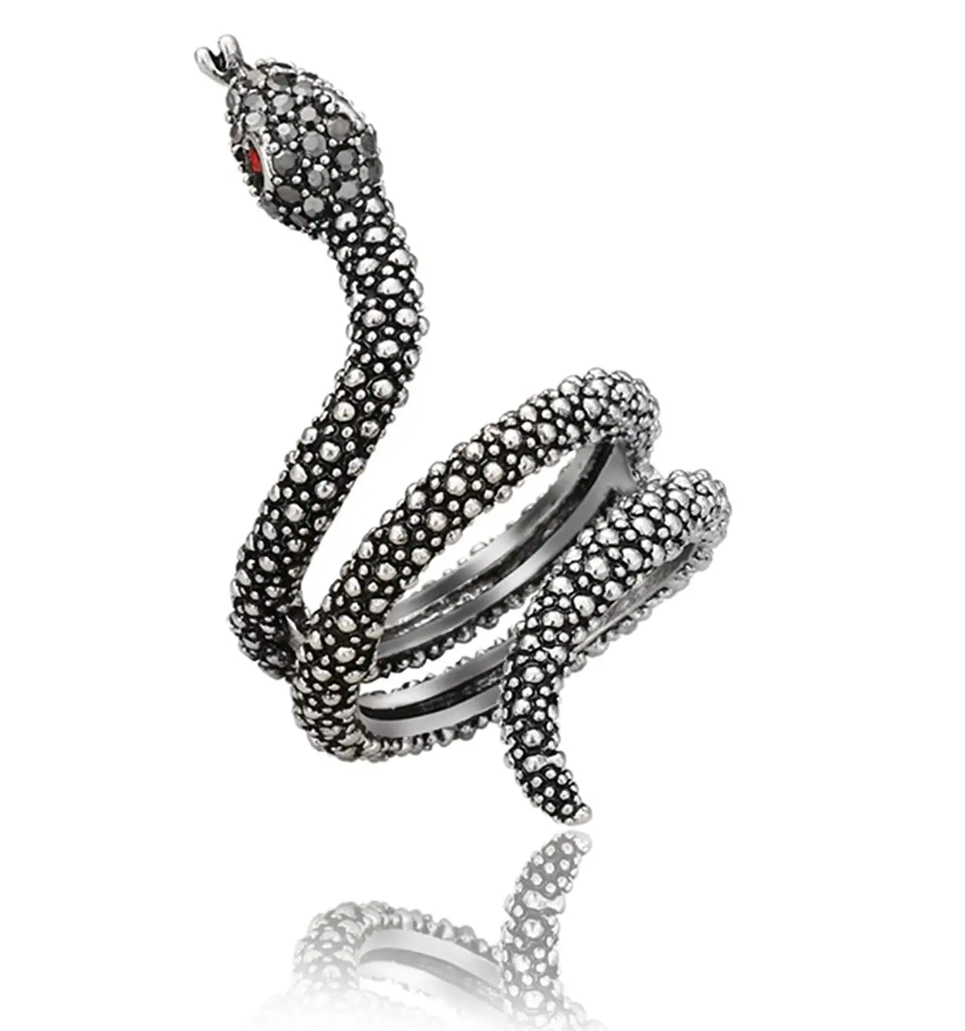 Bishilin Ring for Men Silver Plated Snake with Black Cubic Zirconia Partner Rings Silver Size 7
