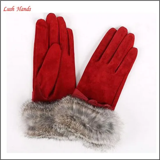 Ladies OEM suede leather gloves with fur cuff