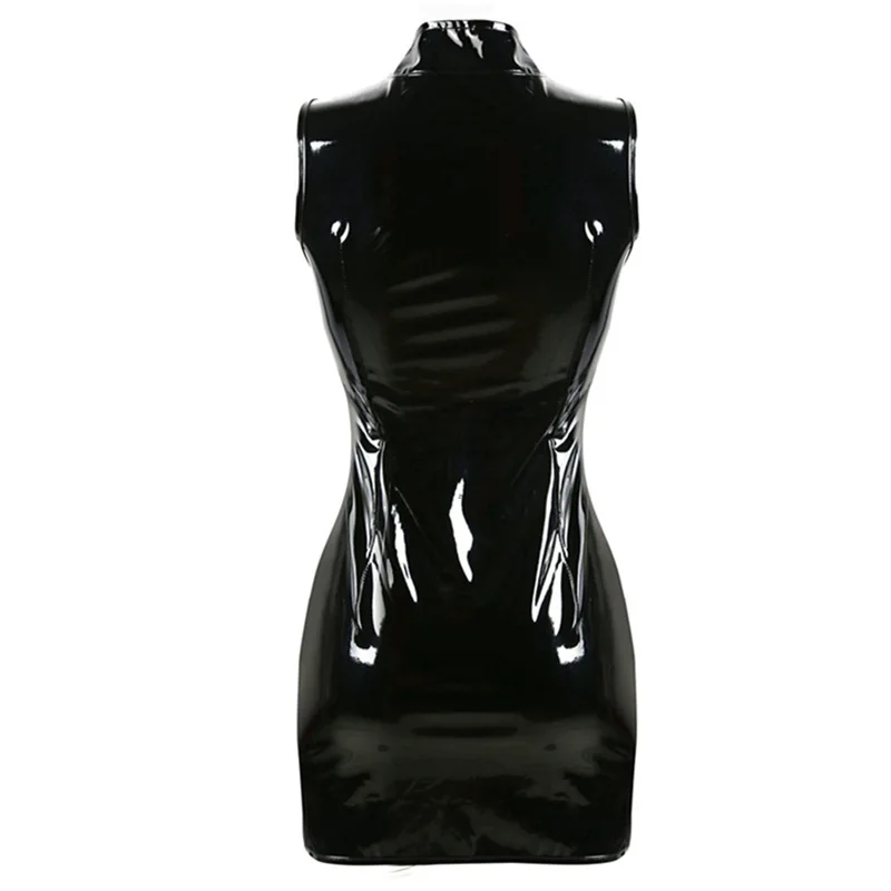 Sexy Pvc Leather Latex Exotic Dress Sleeveless With Zipper Front Bodysuit Mini Dress Bodycon 3944