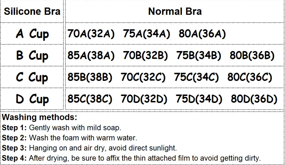 Adhesive Bra Size Chart
