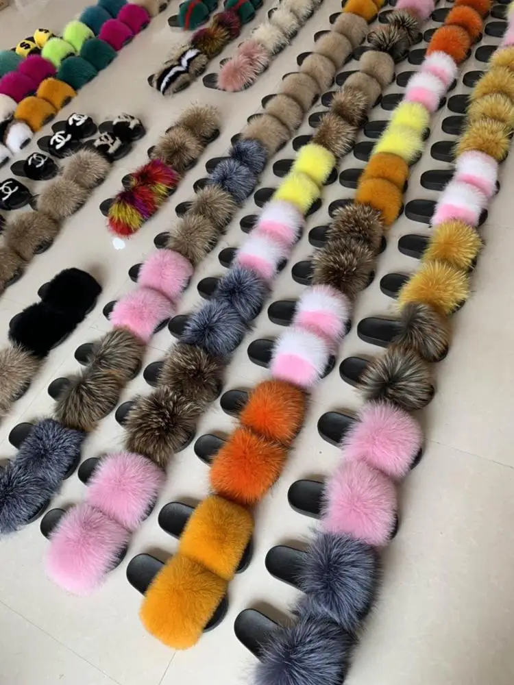 Instgaram Fancy Sandals Women Real Raccoon Fur Slides Fashion Fluffy