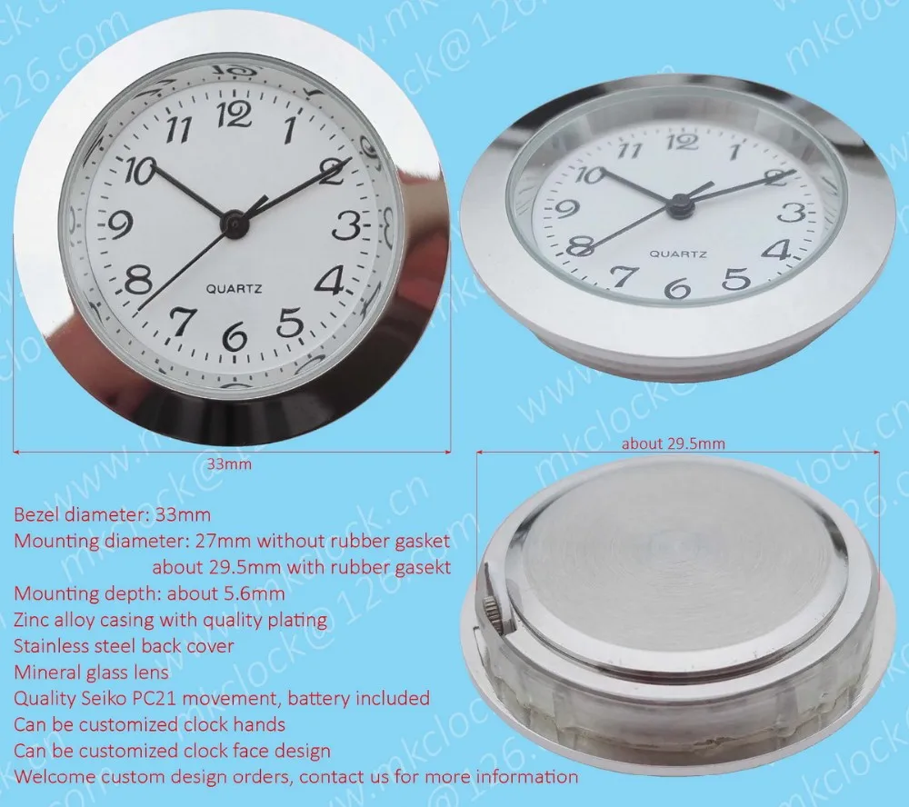 33mm silver beze clock insert metal clock fit-up mini watch insert ...