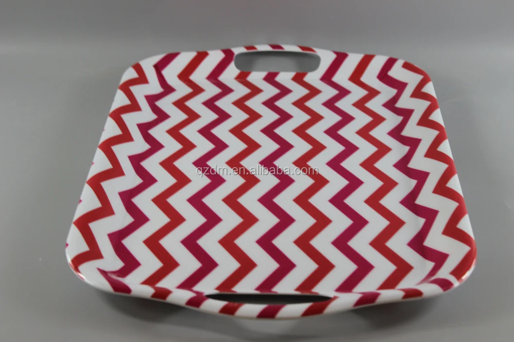 Red Strip Print Melamine Serving Trays With Handles
