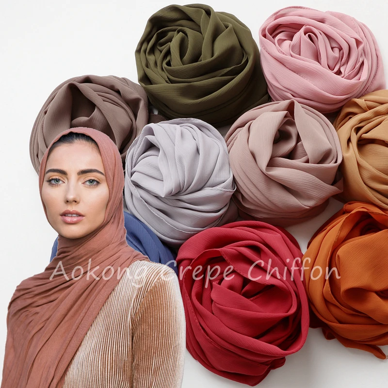 Women solid plain crepe chiffon muslim wedding hijab scarf wraps soft long shawls crinkle chiffon muslim hijab