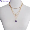 18K Gold Necklace Multilayer Chains With Circle Triangle And Purple Crystal Stone Pendants Necklace