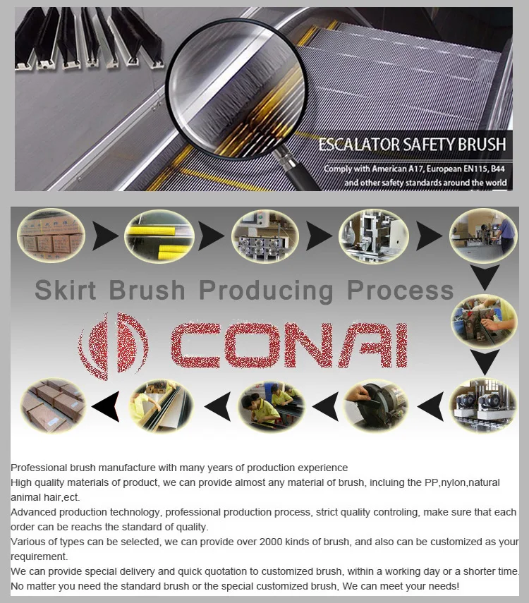 CNSB-006A.2 SJEC Escalator 20 mm Aluminum base skirt panel brush with safe up circular arc single Nylon brush