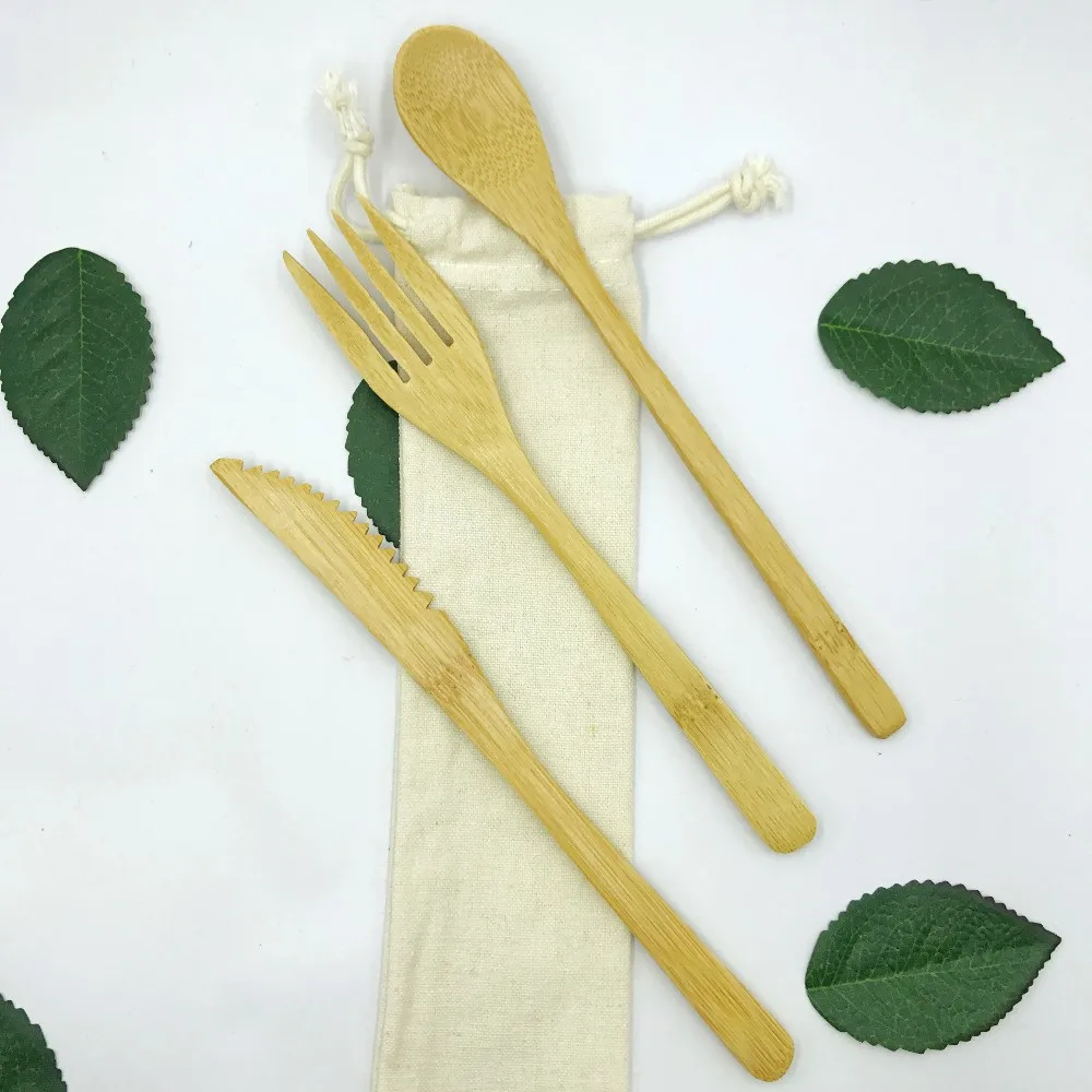 Amazon Top Seller Eco Friendly Reusable Travel Wooden Kids Bamboo Cutlery Set With Clothbag