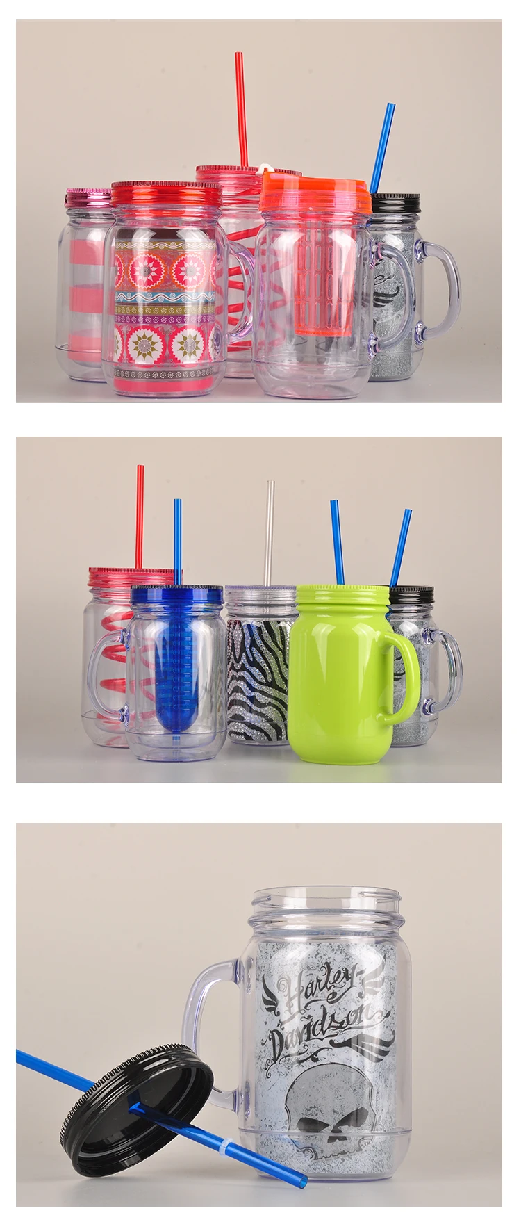 17418 Everich New Style Plastic Mason Jar Mugs With Lids And Straws