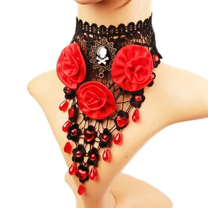 HALLOWEEN HANDMADE CARNIVAL PARTY FANCY GOTHIC DRESS LACE WITH RED JEWELRY AND RED ROSE NECKLACE