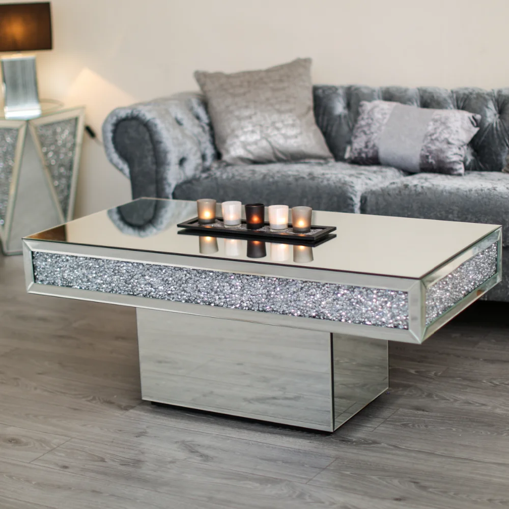 Sparkle Furniture Diamond Crushed Mirrored Center Coffee Table High Quality Rectangle Skinny Antique Silver Sparkle Furniture Diamond Crushed Mirrored Center Coffee Table High Quality Rectangle Skinny Antique Silver