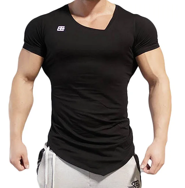 Men's T-shirts Bodybuilding Muscle V Collar Training Short Sleeve T ...