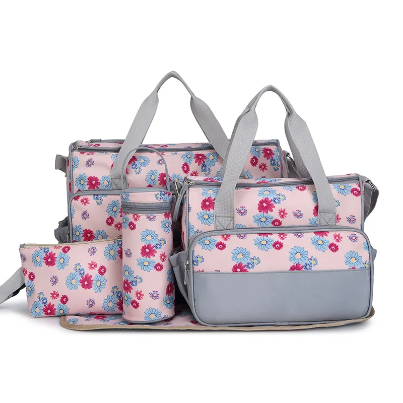 New 5pcs set New Baby Diaper Bag Large Fashion Nappy Bags For Mommy Multifunctional Maternity Stroller