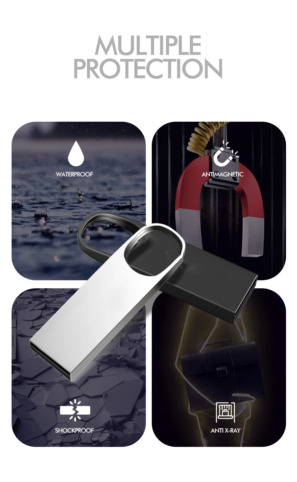 Waterproof Metal Silver usb flash drive pen drive 64GB 32GB 16GB 8GB 4GB pendrive with key ring u disk memory disk usb 2.0 - ANKUX.COM