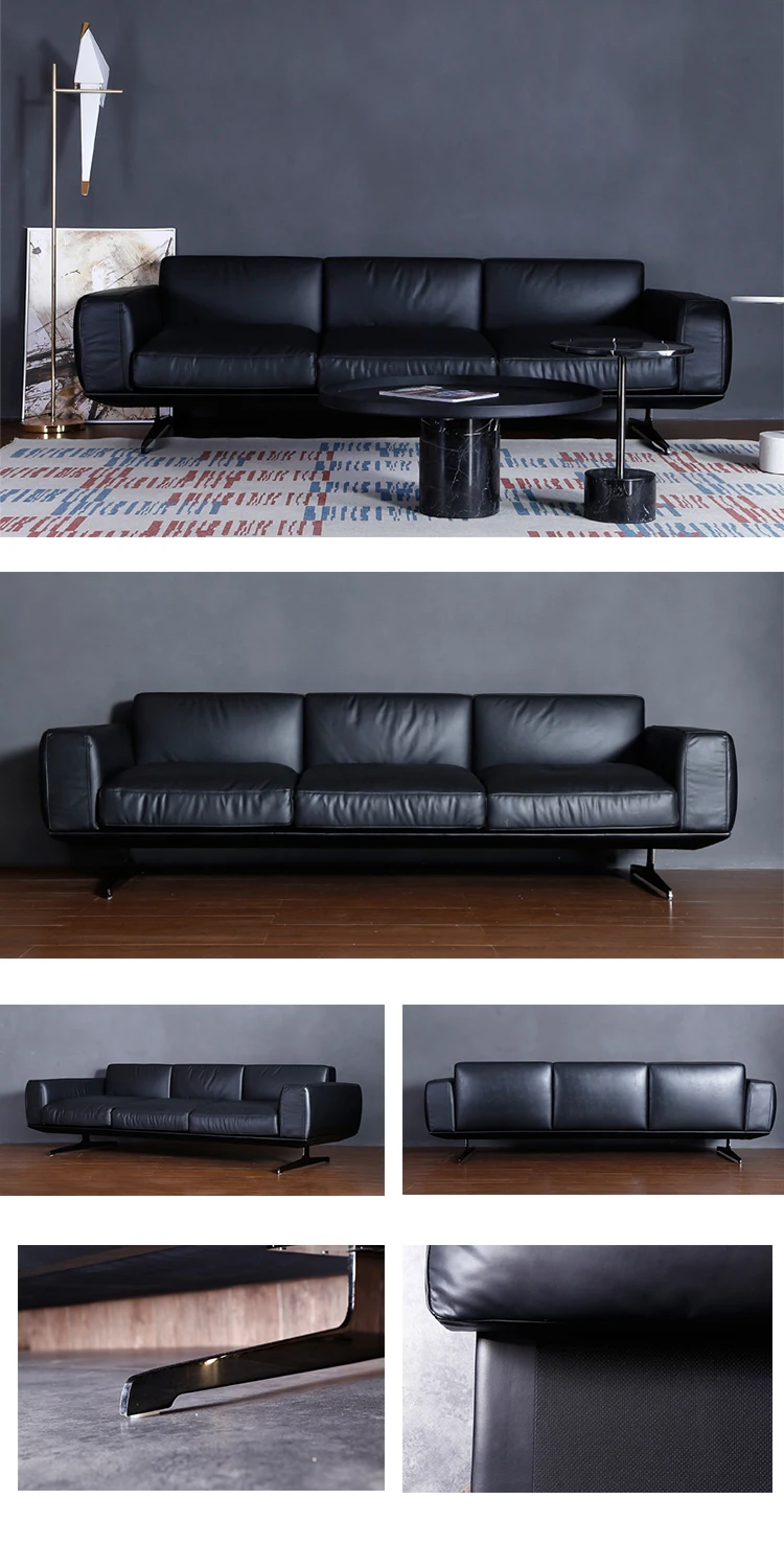 Italy modern latest sofa living room design 3 seater black genuine leather couch sofa set