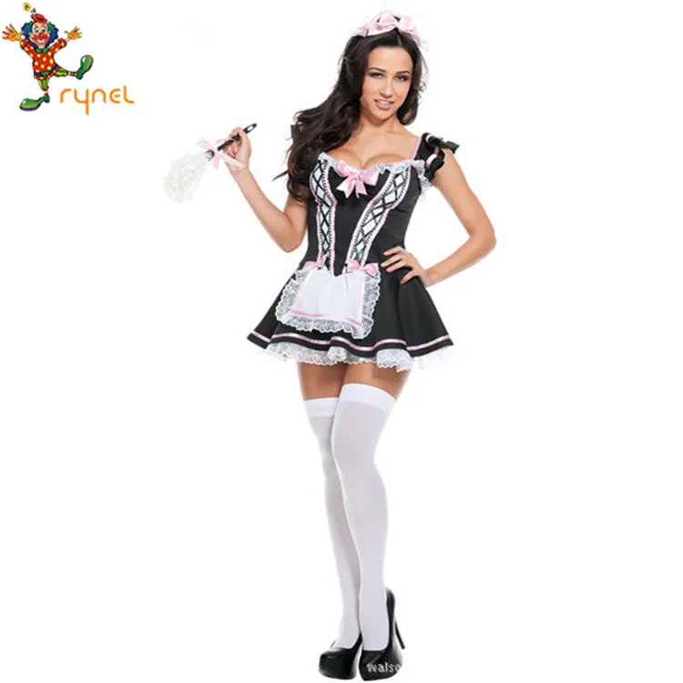 PGWC5682 Black Women Sexy Halloween Maid Fancy Dress Housemaid Waitress Cos...