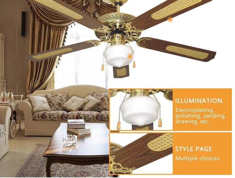 Hot Sale Royal Gold Hall Fan Ceiling Light 5 Fancy Blade Ac Motor