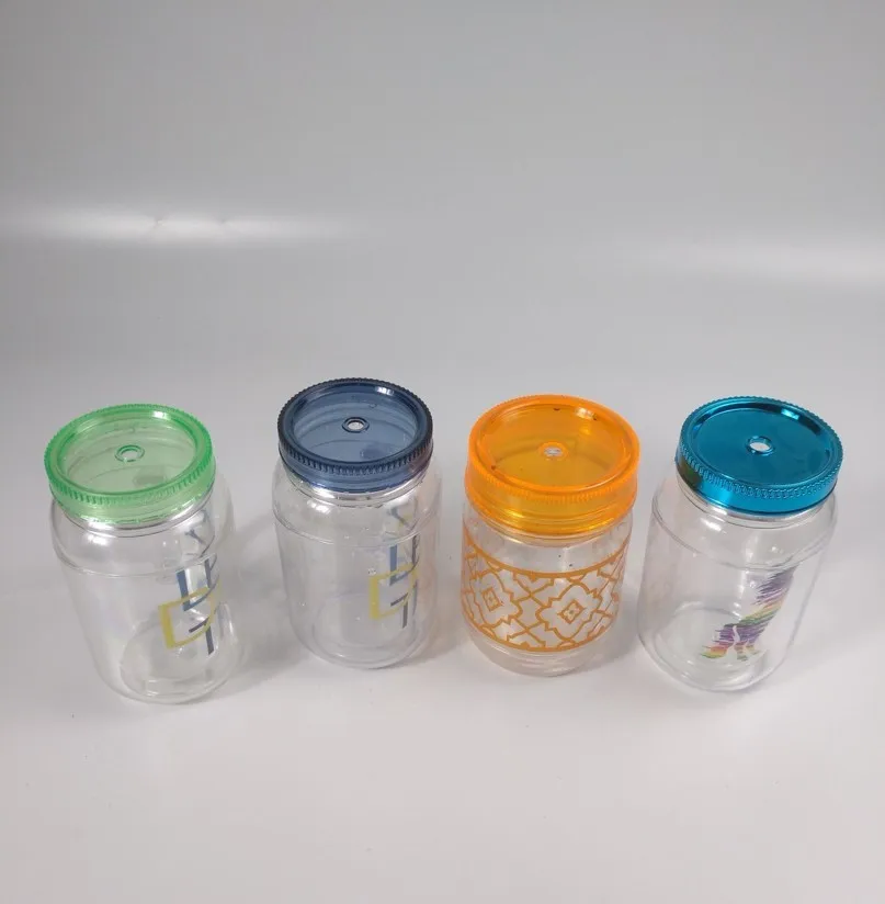 Custom Color Double Wall Plastic Juice Mason Jars With Handles And