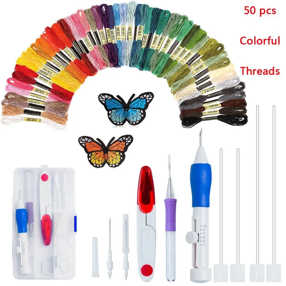 Magic Embroidery Pen Stitching Punch Needles DIY Cross Stitch Floss Threads Kits