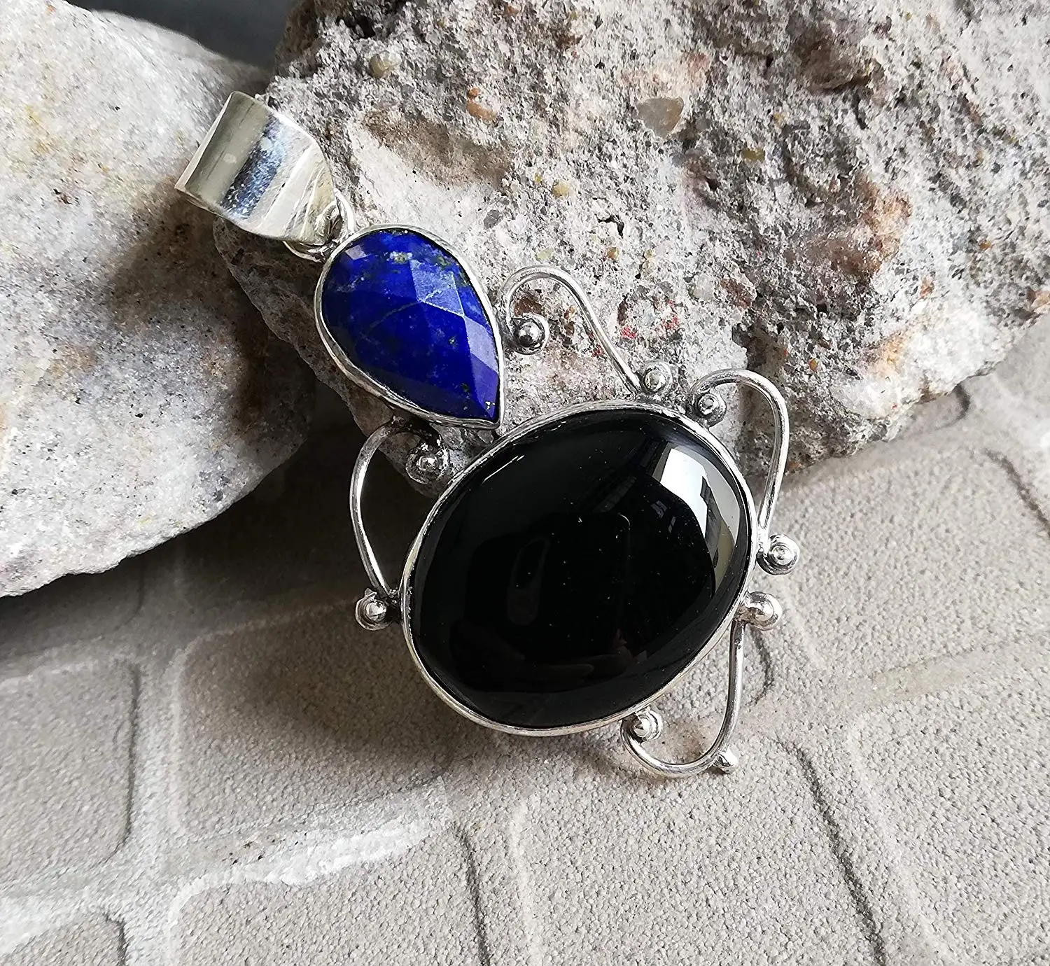 Black Onyx & Lapis Lazuli Pendant, 925 Sterling Silver, Long Pendant, Exquisite pendant, Original Handmade, Extraordinary Pendant, Promise Pendant, Delicate Pendant, One Of A Kind, Ocean Charm Pendant